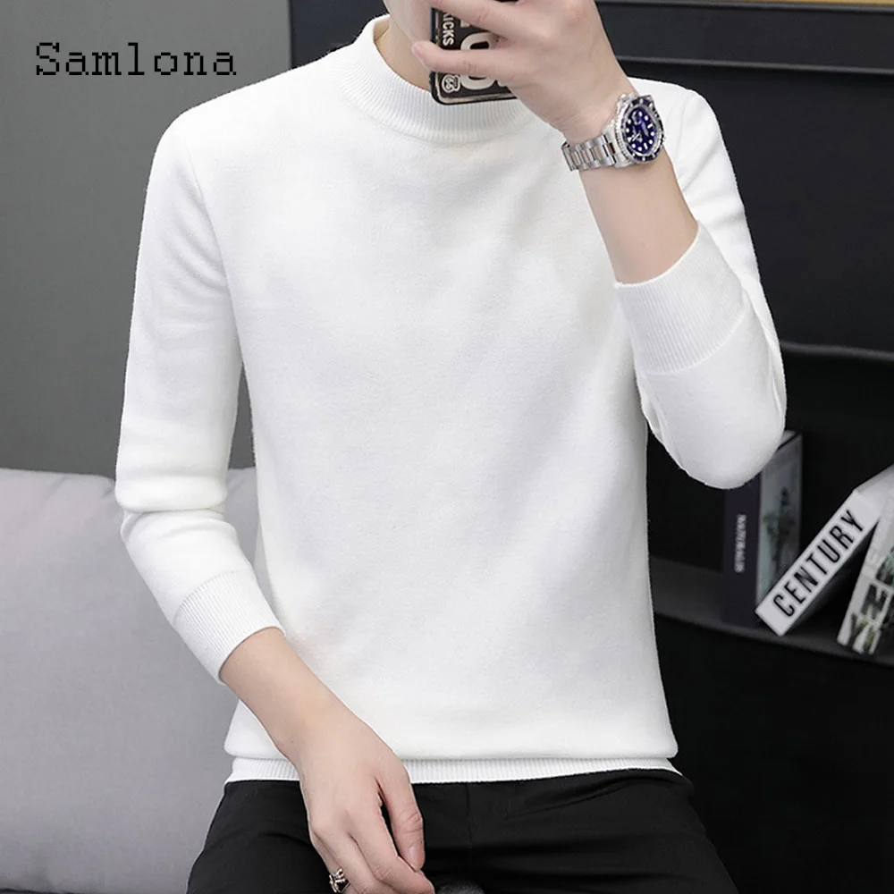 Samlona Plus Size Men Knitted Sweater Winter Flocking Pullover Mens Knitwear 2022 Fashion Top Pullovers Mock Neck Plush Sweaters