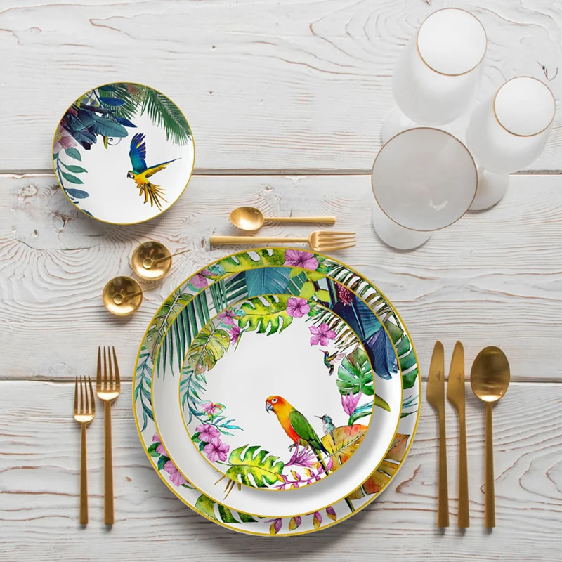 

Parrot Design Dishes and Plates Sets Hotel Household Bone Porcelain Dinner Plates