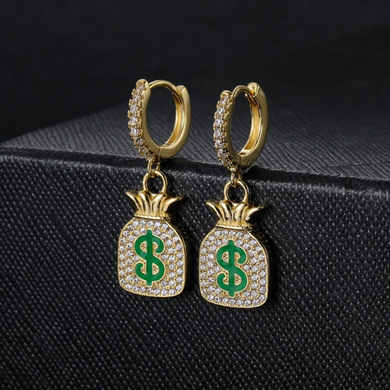 Серьги с символом доллара сумка для денег серьги в стиле хип-хоп рок Iced Out циркон
