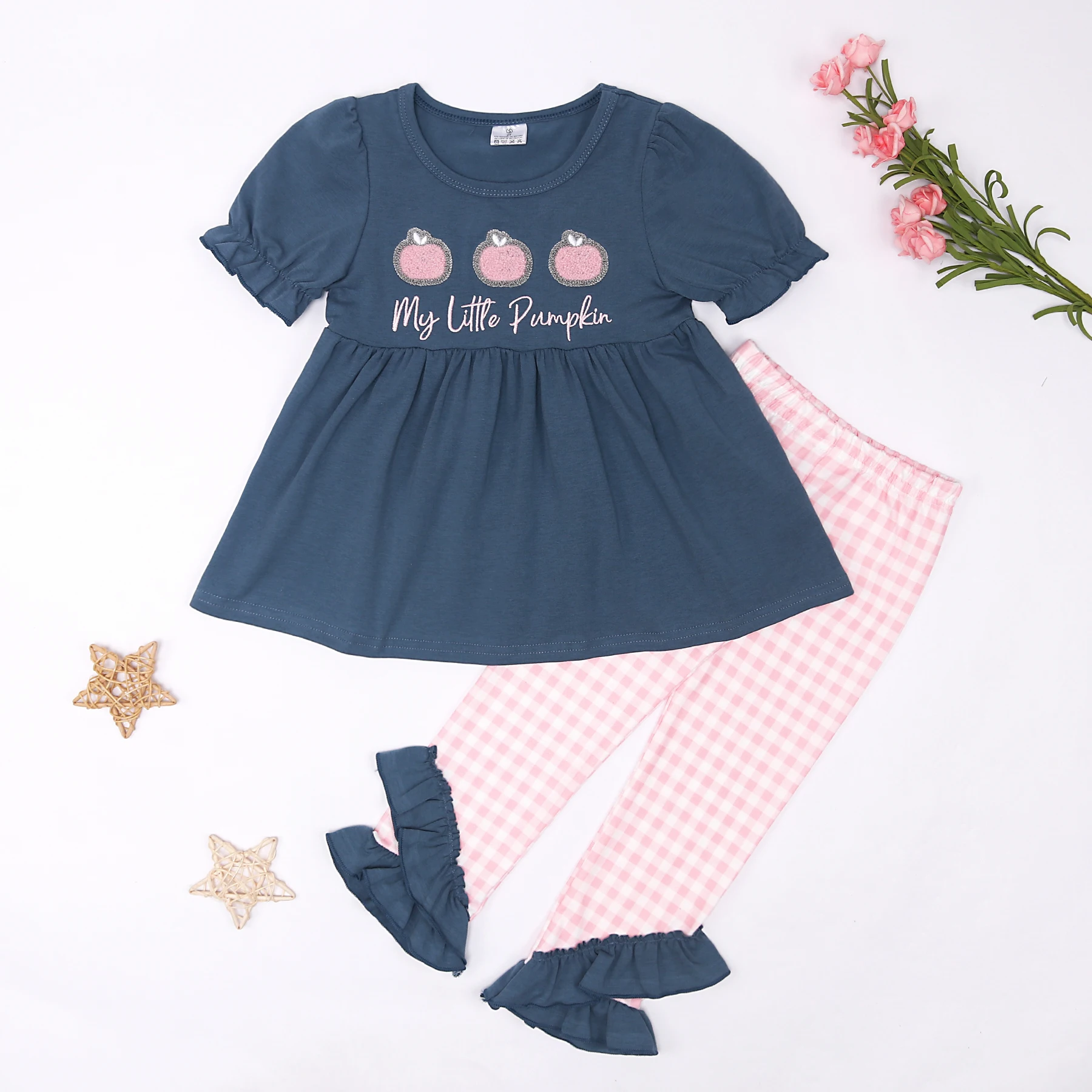 

Pretty Little Thing Clothes My Little Pumpkin Navy Blue Round Neck Top Baby Girl Designer Clothes Pink Plaid Lace Pants For 0-8t