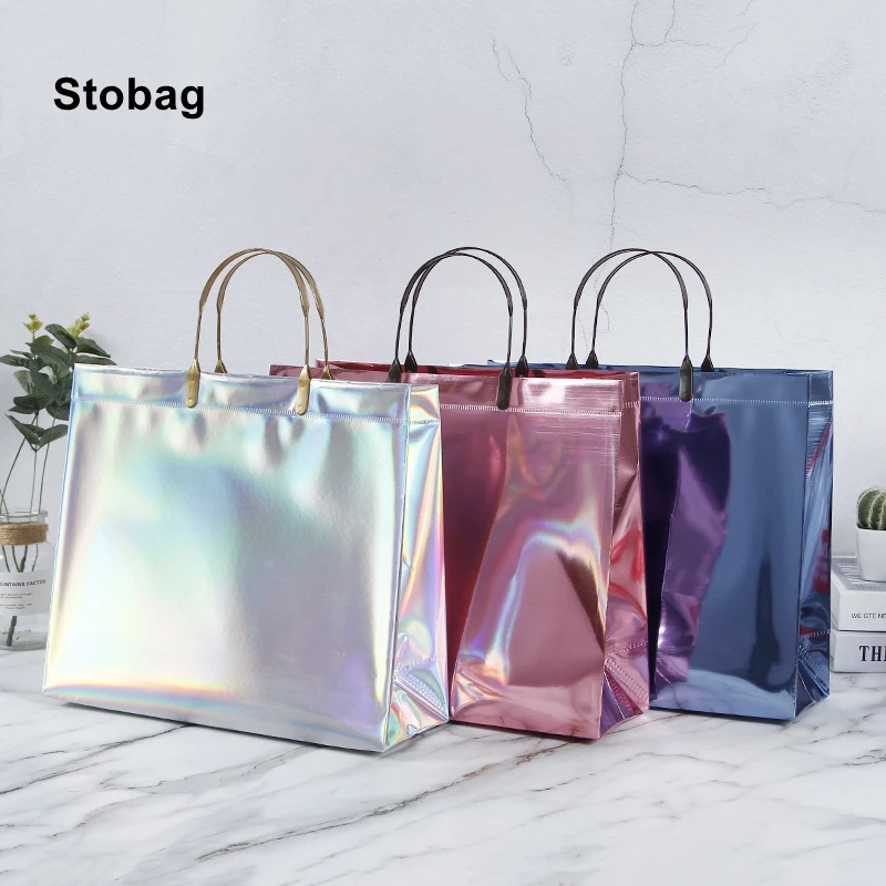 StoBag 10pcs Laser Shoulder Tote Bags Woman's Shopping Plastic Handbag Fashion Girl Gift Birthday Wedding Package Portable Logo