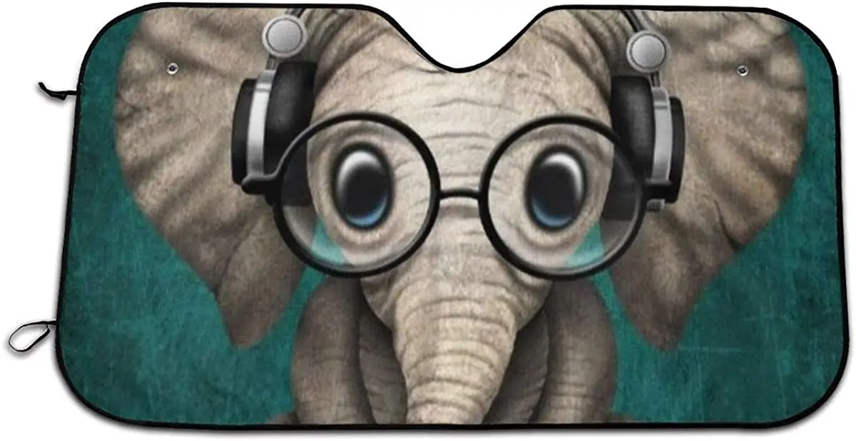 

MSGUIDE Cute Green Pattern Headset Music Elephant Front Windshield Shade- Sunshade for Car Truck SUV-Blocks UV Rays Sun Visor Pr