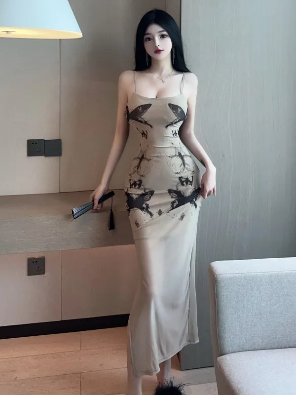 

Chinese Style Sexy Butterfly Printting Mesh Tight Dress Elegant Women Sheer Dress Fork Temperament Backless Camisole WFGO
