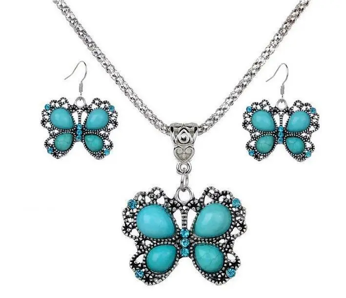 

New Silver Pendant Eardrop Tibetan Necklace Jewelry Chain 3PC Fashion Turquoise