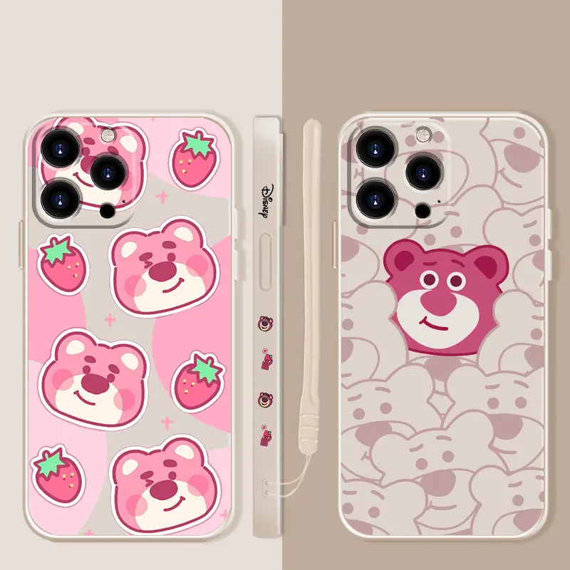 

Liquid Phone Case For Apple iPhone 14 13 12 11 Pro Max 13 12 Mini XS XR X 7 8 6 6S Plus Shell Disney Lotso Pink Strawberry Bear
