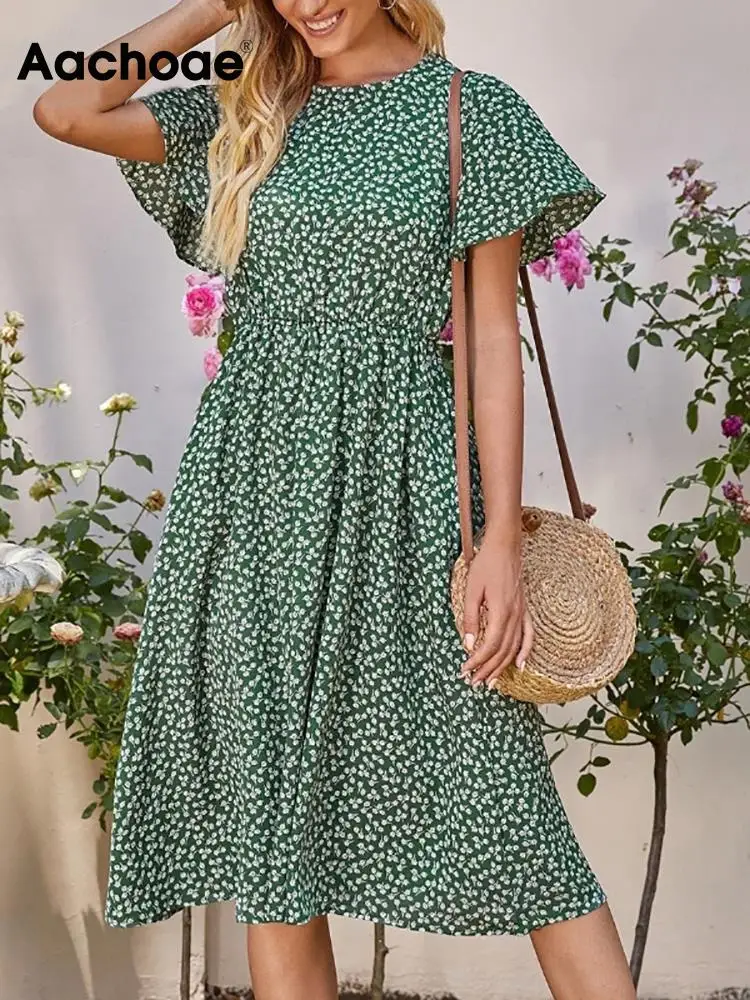 

Элегантное летнее платье миди Aachoae, с цветочным принтом, с круглым вырезом, бабочками, с высокой талией, короткий рукав сарафана