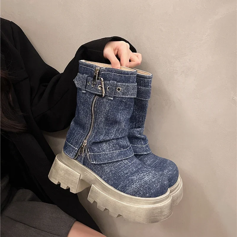 Женские ботинки на платформе до середины икры ковбойские мотоциклетные