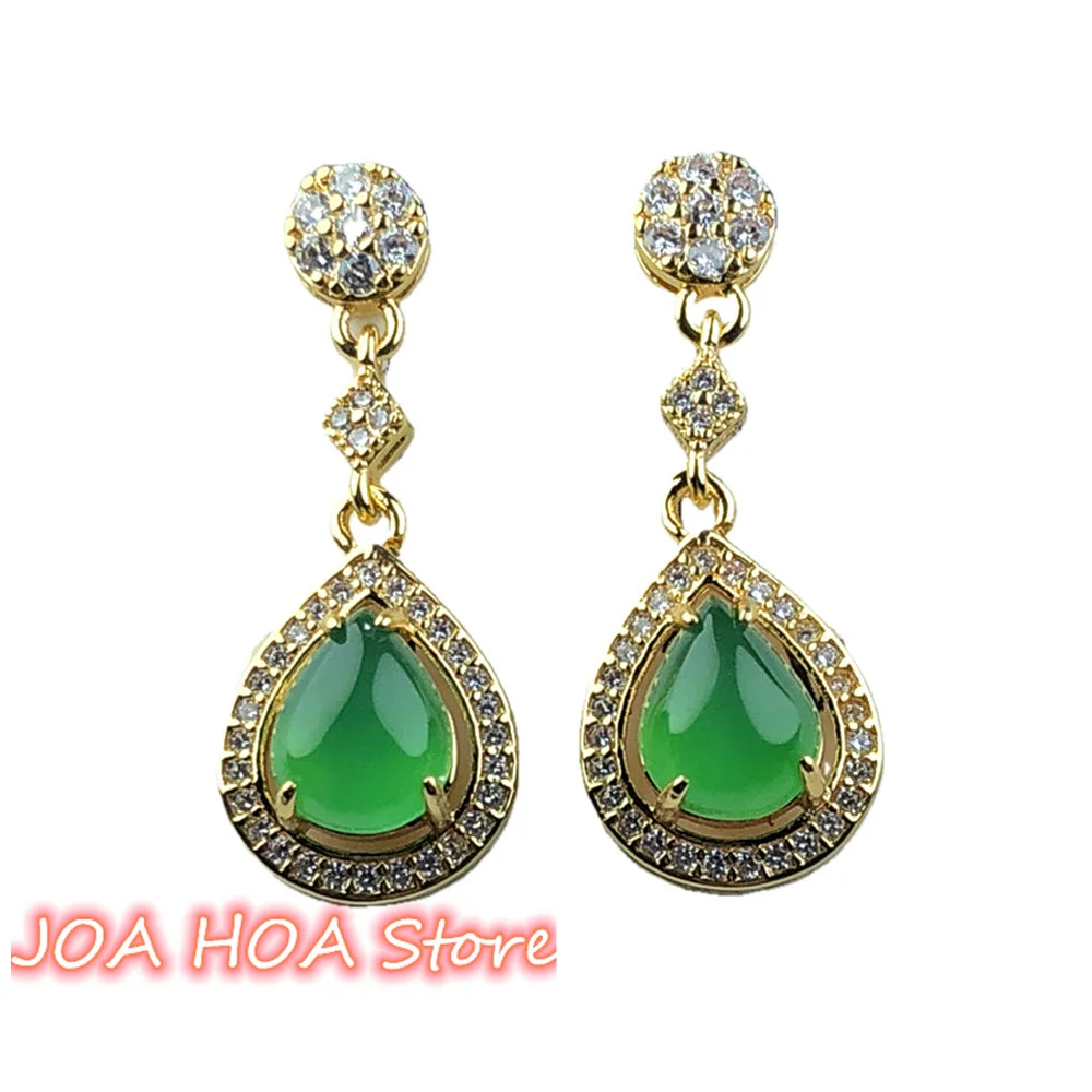 

GREEN Jewellery With Gold-plated Inlays High-quality Ear Studs Natural Chalcedony Agate Eardrop Green Jade Perfect Chain Earring