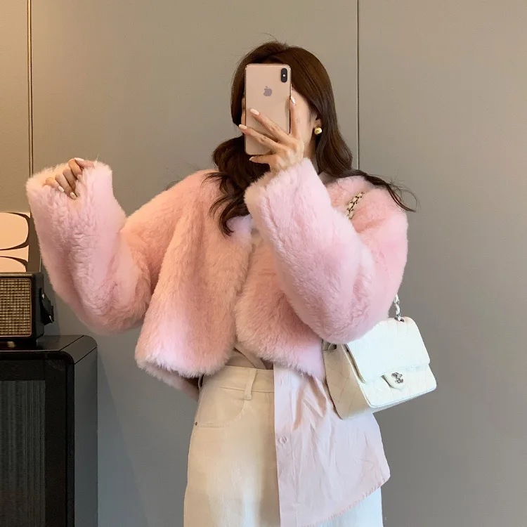 Short lambswool fur coat in winter