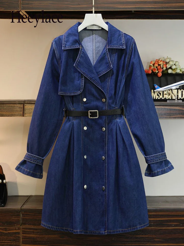 

Женская джинсовая куртка с длинным рукавом, двубортная винтажная синяя куртка из денима с отложным воротником и высокой талией, 4XL, осень