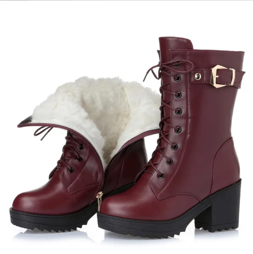 

2022 High-heeled genuine leather women winter boots thick wool warm women Military boots high-quality female snow boots