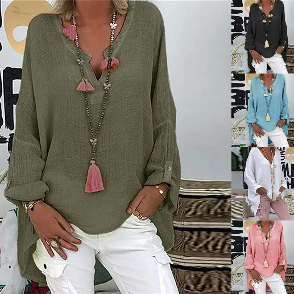 

Блузка женская из хлопка и льна, однотонный топ с отложным воротником неправильной длины, Свободная Повседневная Длинная Дамская блузка большого размера, одежда в стиле Харадзюку