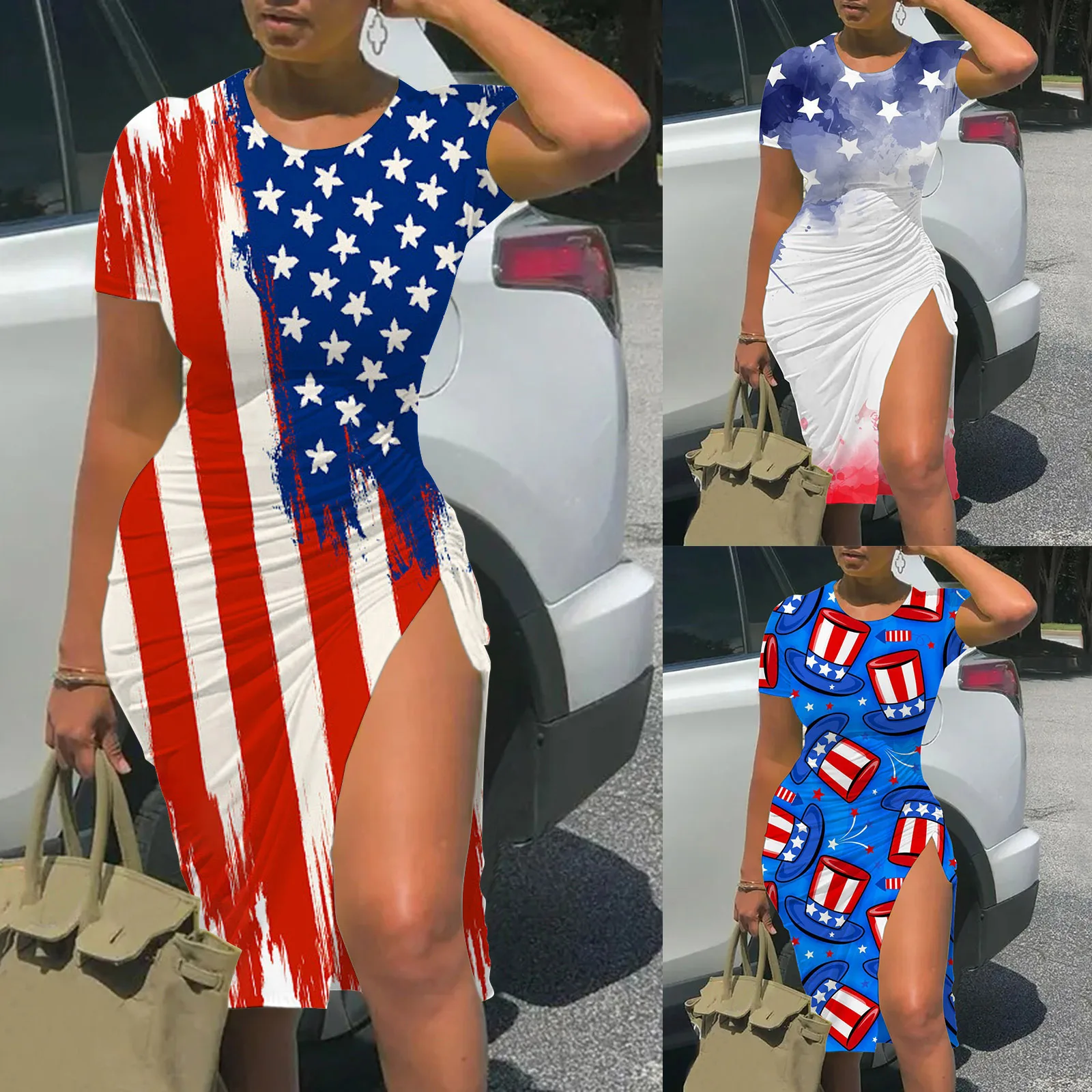 

Женское повседневное приталенное платье с разрезом и принтом в виде американского флага