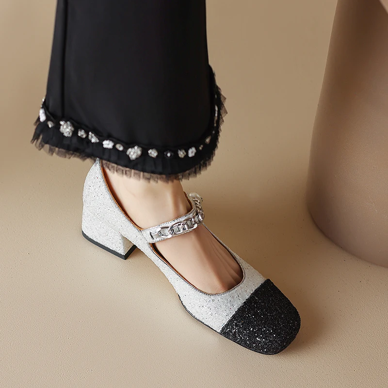 Square head spring and autumn women's shoes with sequin thin belt square heel thick heel high heel chain pearl women's shoes