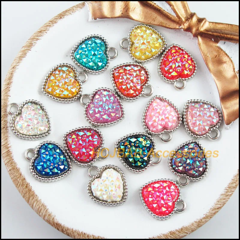 

Fashion New 30Pcs Dull Silver Plated Retro Mixed Heart Resin Acrylic Charms Pendants 15.5x18.5mm