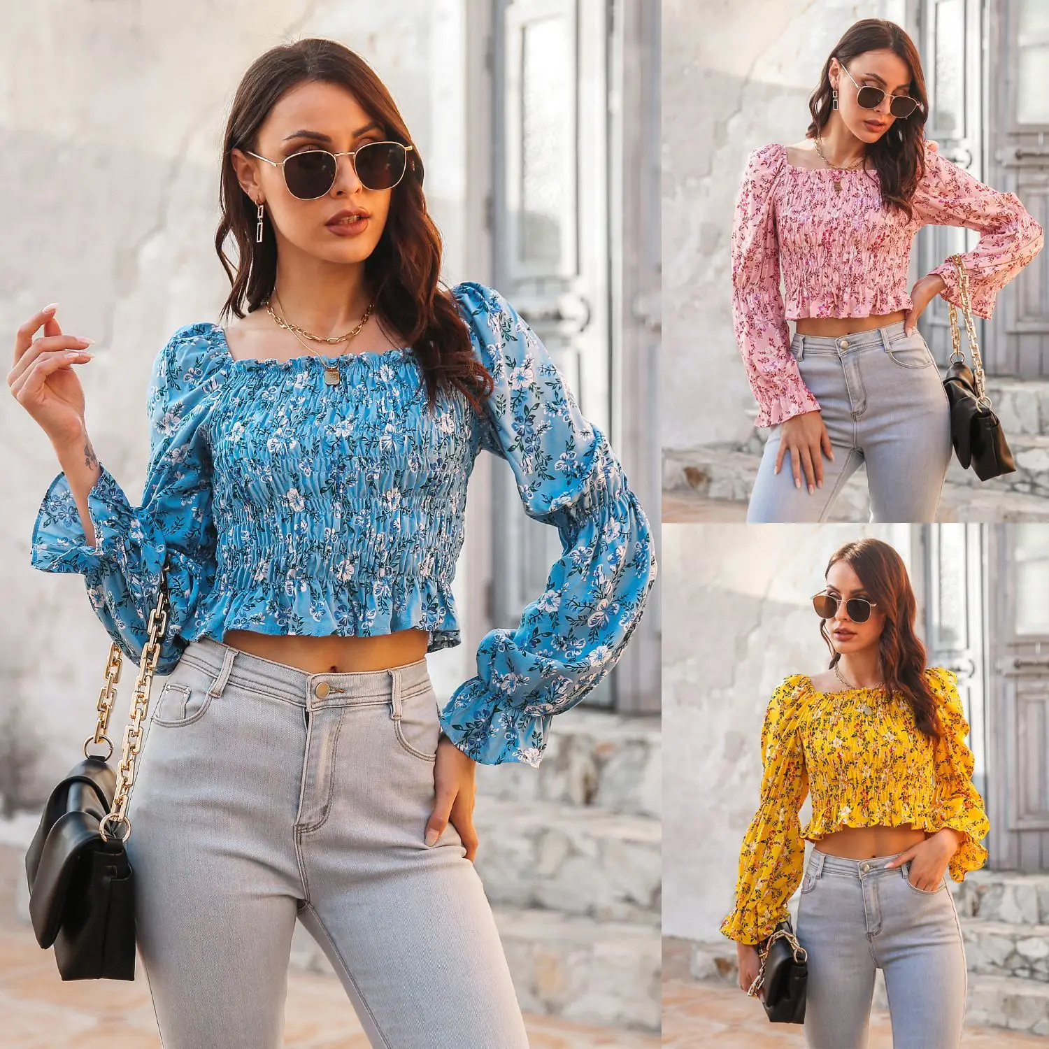 

Spring Autumn Square Neck Ruffle Floral Crop Top Women T Shirt Vintage Casual Elastic Slim Fit Outwear Fashion Streetwear Kawaii