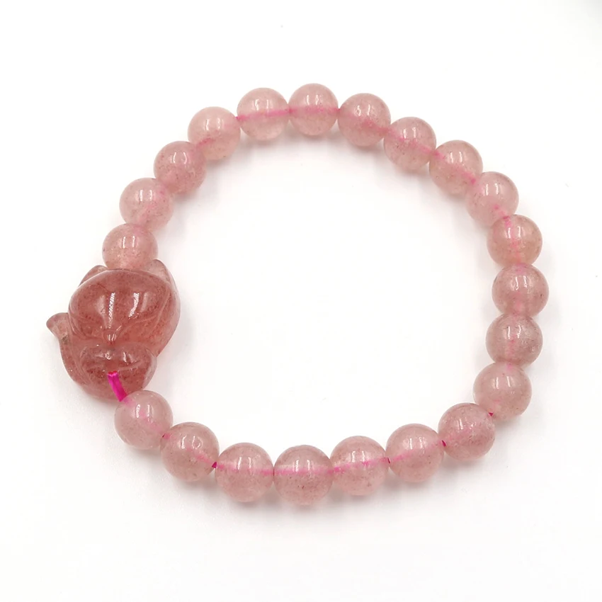 

FYJS Unique Lovely Fox Connect Round Beads Pink Quartz Stone Stretchy Bracelet for Anniversary Gift Jewelry