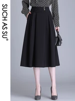 such as su new 2022 high quality spring autumn womens pleated black lady s 3xl female twill a line mid long pockets skirt 8260