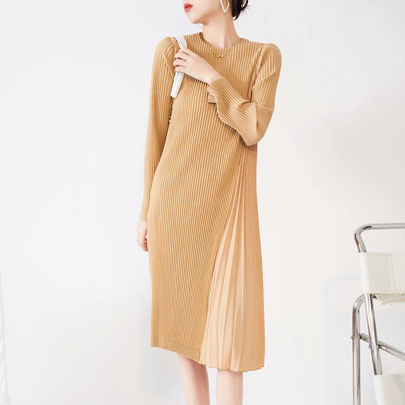 

Платье миаке, темпераментный дизайн, нишевое весенне-осеннее плотное секционное платье с длинными рукавами, юбка средней длины с талией для женщин