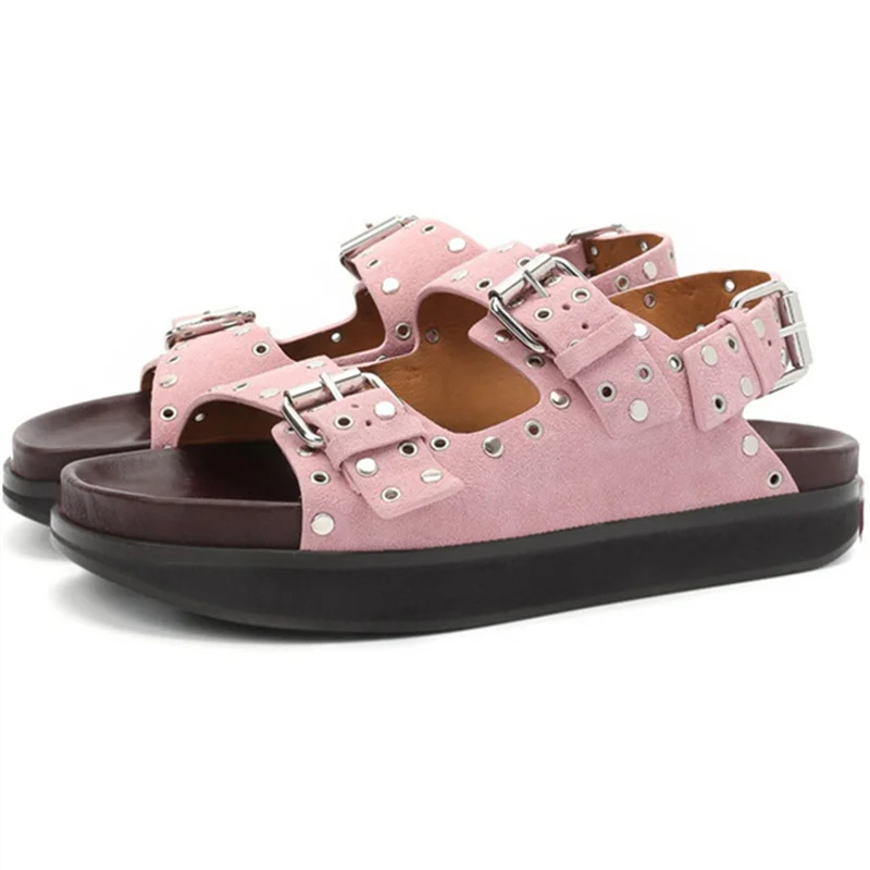 Women's Fashion Metal Buckle Platform Sandals Lolita Style Round Toe Thick Bottom Women Shoes Rivet Genuine Leather Open Toe