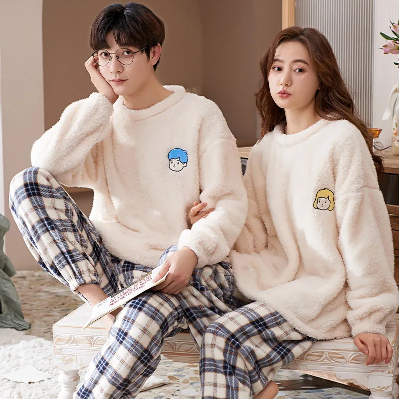 Korean Winter Warm Sleepwear Flannel Men's Pyjamas Cute Cartoon Night wear Women's Pijamas Suit pyjama pour femme Free Shipping