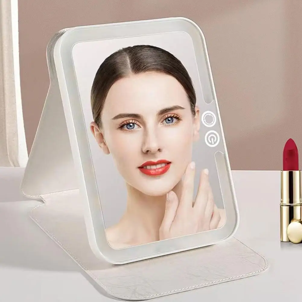 

Makeup Mirror Rechargeable Color Light Led With Portable Leather Compensating Light Square Folding Mirror Travel Light V4w8