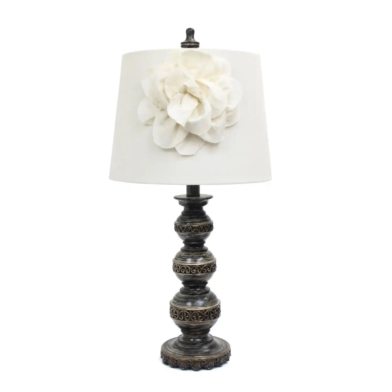 

Aged Bronze Stacked Ball Lamp with Couture Linen Flower Shade, White
