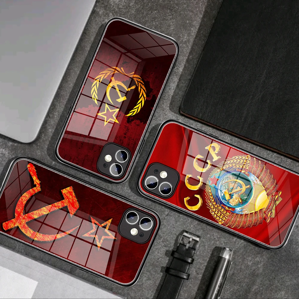

Soviet Union USSR Flag Phone Case Tempered Glass For iPhone 11 Pro XR XS MAX mini 8 X 7 6S 6 Plus SE 2020 12 Pro Max Mini Covers
