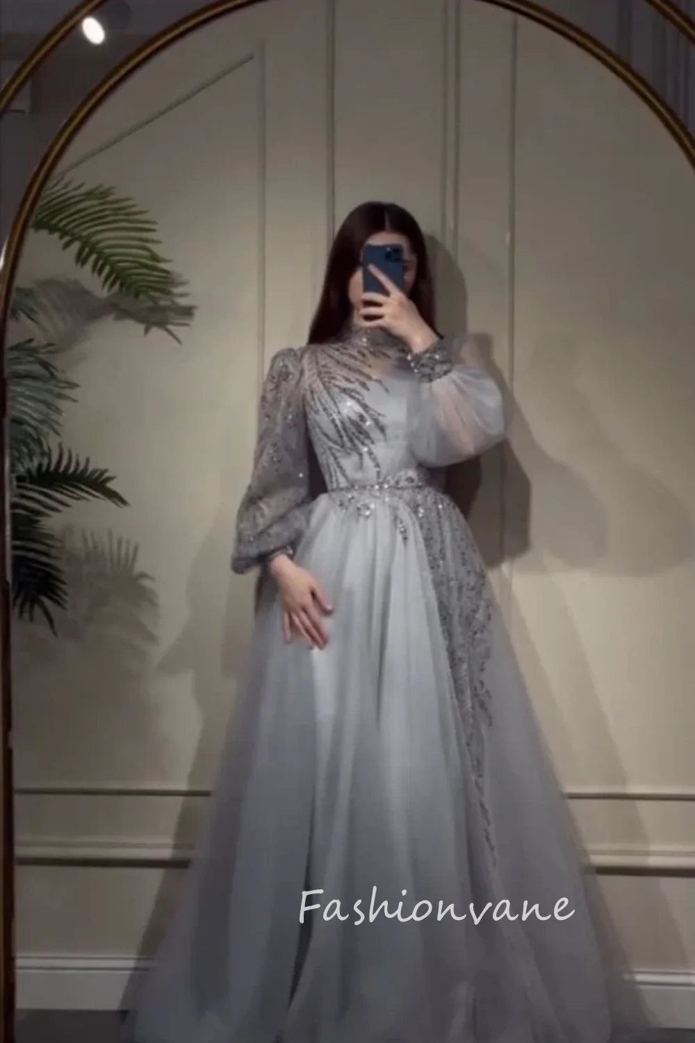 Фото Fashionvane 2024, индивидуальное трапециевидное платье с высоким воротом и длинными рукавами-пузырьками, блестками, длиной до пола, элегантное вечернее платье для выпускного вечера в Саудовской Аравии, роскошное платье №1