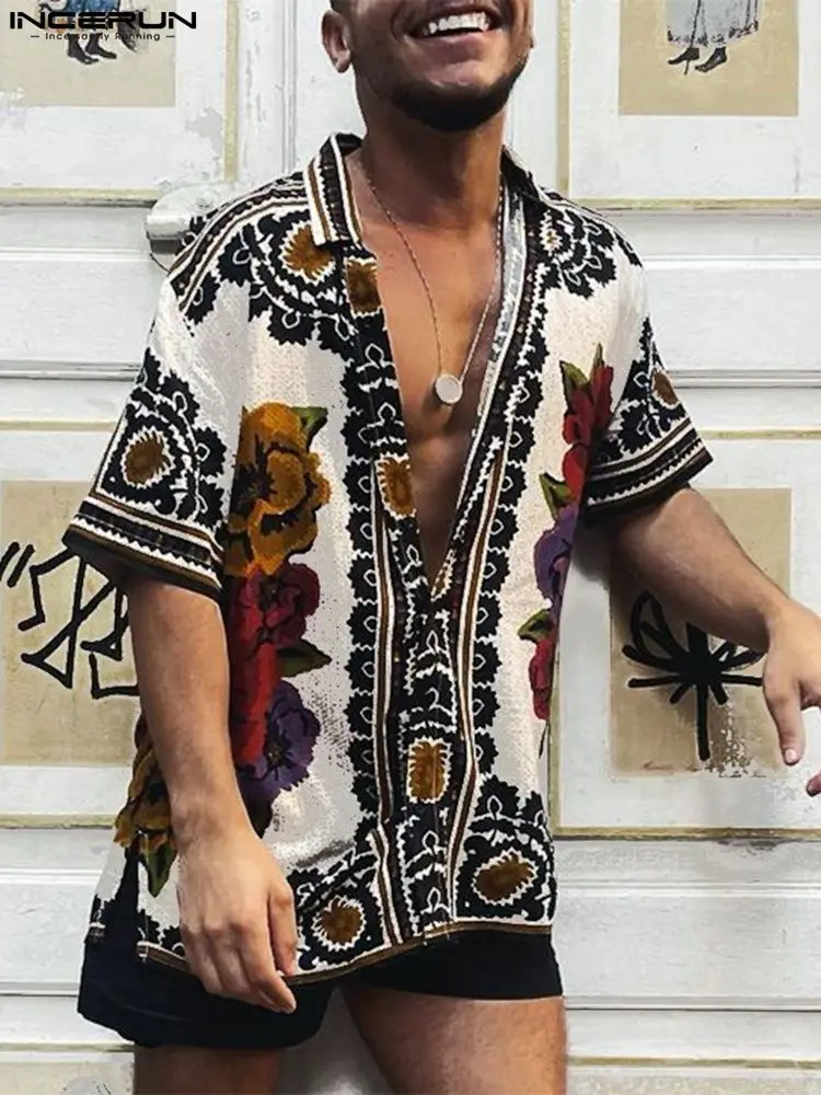

Handsome Well Fitting Men's Tops Symmetrical Printing Shirts INCERUN Fashion All-match Male Short Sleeve Lapel Blouse S-5XL 2022
