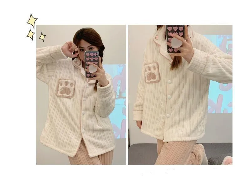 Yasuk Autumn Winter Cute Women's Casual Lovely Sweet Girl Warm Soft Sleepwear Loose Pajamas With Pants Cat Paw Velvet Simple