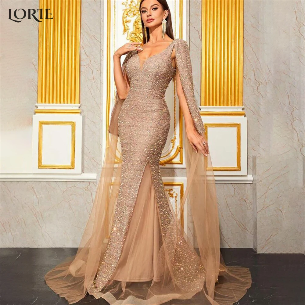 

LORIE Peach Puff Glitter Mermaid Evening Dresses V-Neck Sparkly Bodycon Prom Dress Pageant Cape Sleeves Wedding Party Gowns