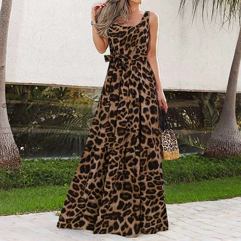 

Летнее женское элегантное платье-макси без рукавов, привлекательное богемное платье с леопардовым принтом, Повседневный Сарафан-качели 2023