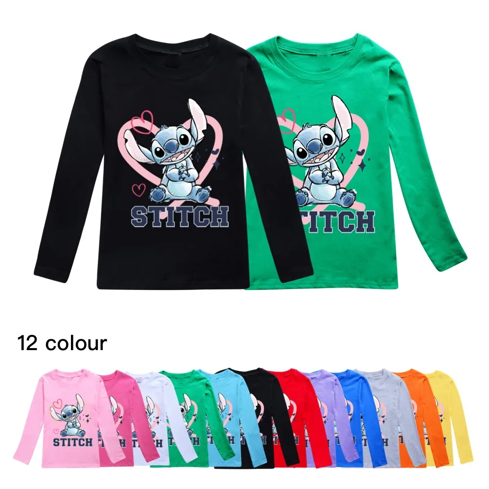 

Spring and Autumn Children's Disney Stitch Boys Cotton Long Sleeve Casual T-Shirt Clothes Cartoon Printing Girls O-Neck Tops