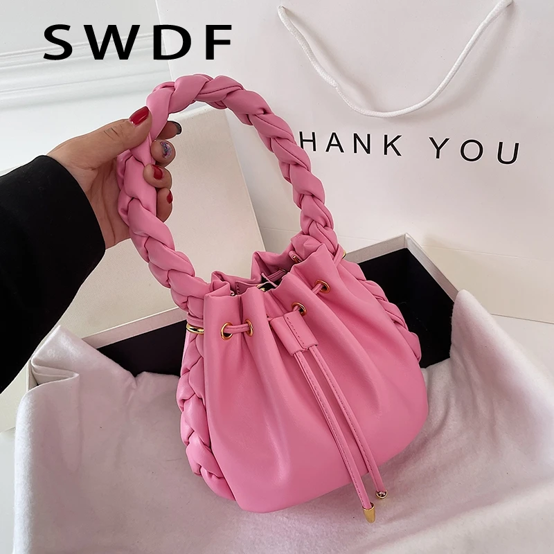 

2023 Hit Summer Small PU Leather Crossbody Bucket Bags with Rope Handle Women's Designer Handbag Luxury Brand Shoulder Side Bag