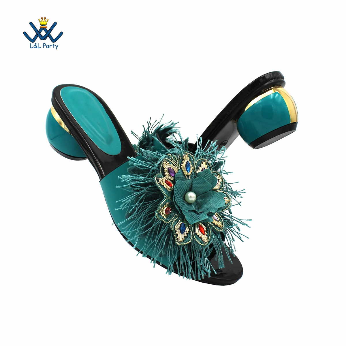 

2022 Spring Autumn Popular Teal Color New Design Women Slipper Comfortable Round Heel for Royal Wedding