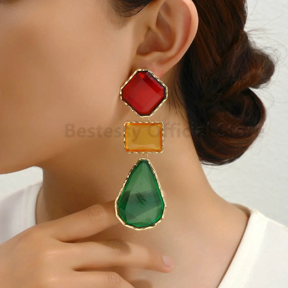 

Colorful Resin Square Water Drop Pendants Big Earrings For Women Luxury Trendy Wedding Statement Vintage Jewelry Wholesale Gift