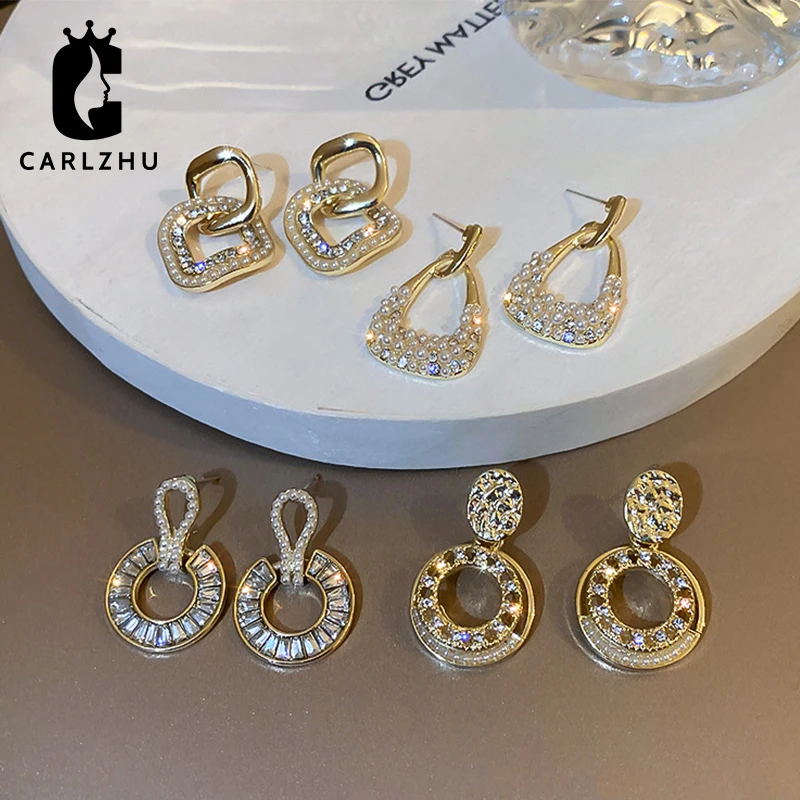 

Luxury Brand Pearl Zirconia Round Hanging Earrings For Women Crystal Big Dangle Earring Wedding Jewelry Statement Pendientes