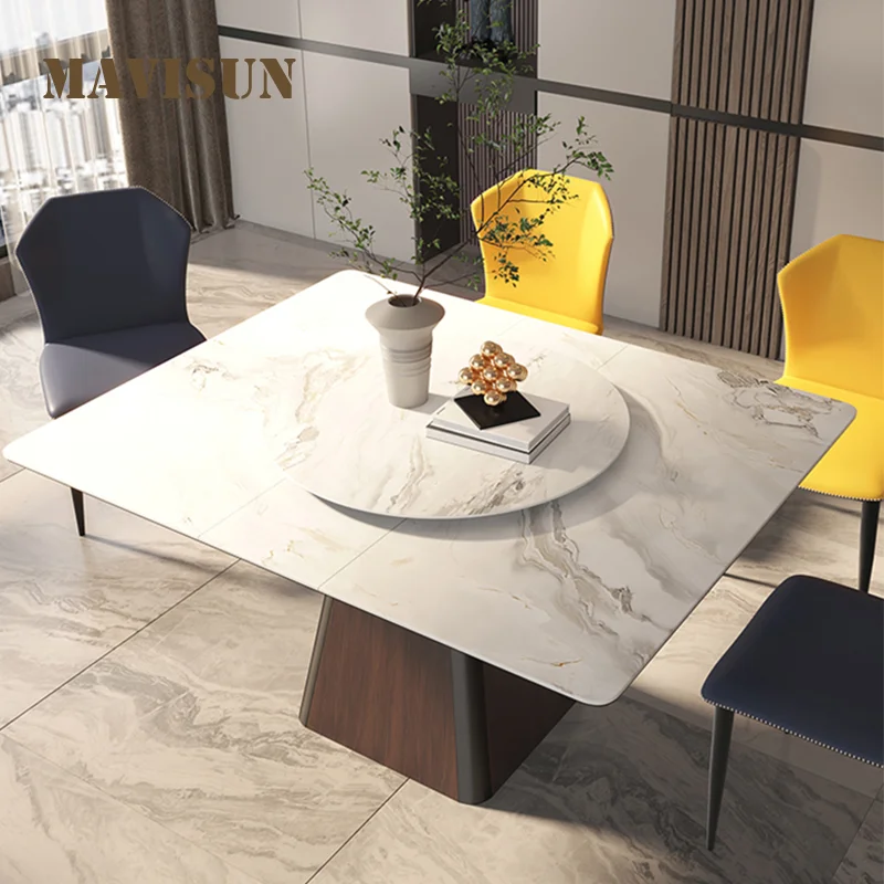 

Custom Nordic Solid Wood Slate Dining Table Household Retractable Multifunctional Folding Square Stretch Rotating With Turntable