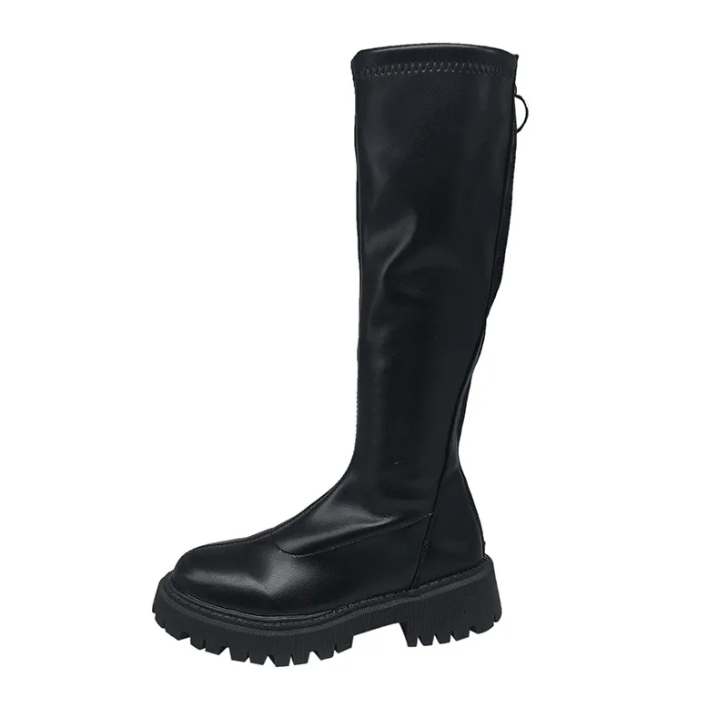 Knight Boots  Women  PU Back Zipper Increase Thick Bottom Waterproof and Nonslip Round Solid Color