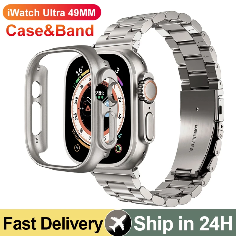 

Металлический браслет + поликарбонатный чехол для Apple Watch Band Ultra 49 мм, ремешок из нержавеющей стали для iWatch 49 мм Correa, жесткий защитный бампер