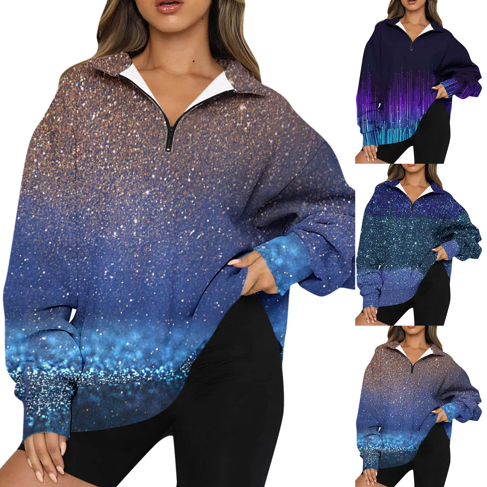 

Womens Quilted Quarter Zip Sweatshirt Womens Oversized Half Zip Pullover Long Sleeve BlingBling Gradient Print Jacket Women Set