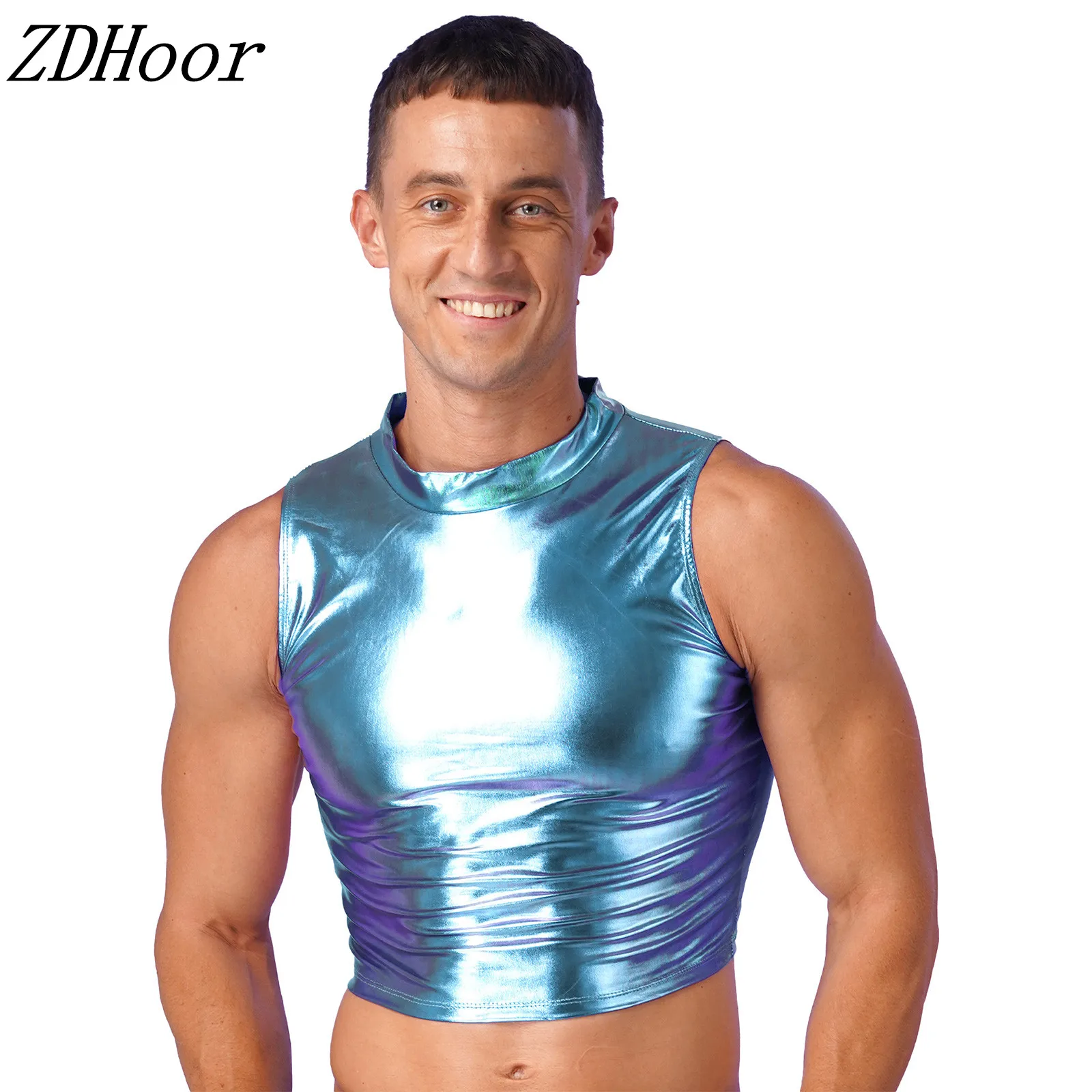 

Mens Fashion Wet Look Faux Leather Vest Metallic Sleeveless Mock Neck Crop Tank Top