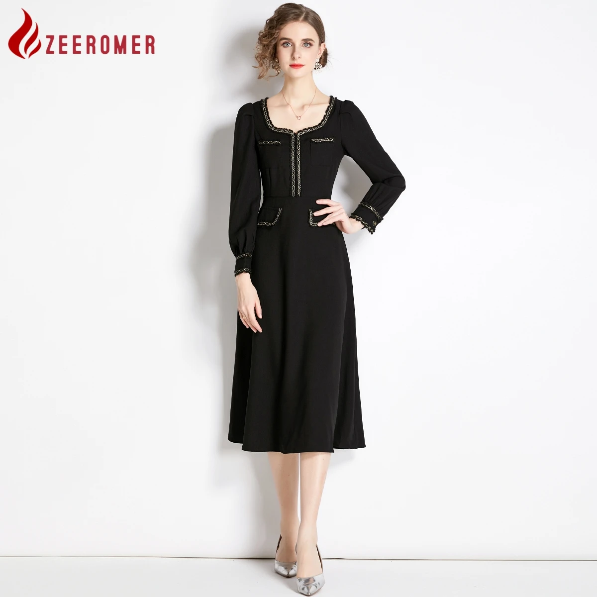 

Женское винтажное платье-трапеция до середины икры, элегантное черное облегающее платье во французском стиле составного кроя с квадратным вырезом и длинным рукавом, осень 2023