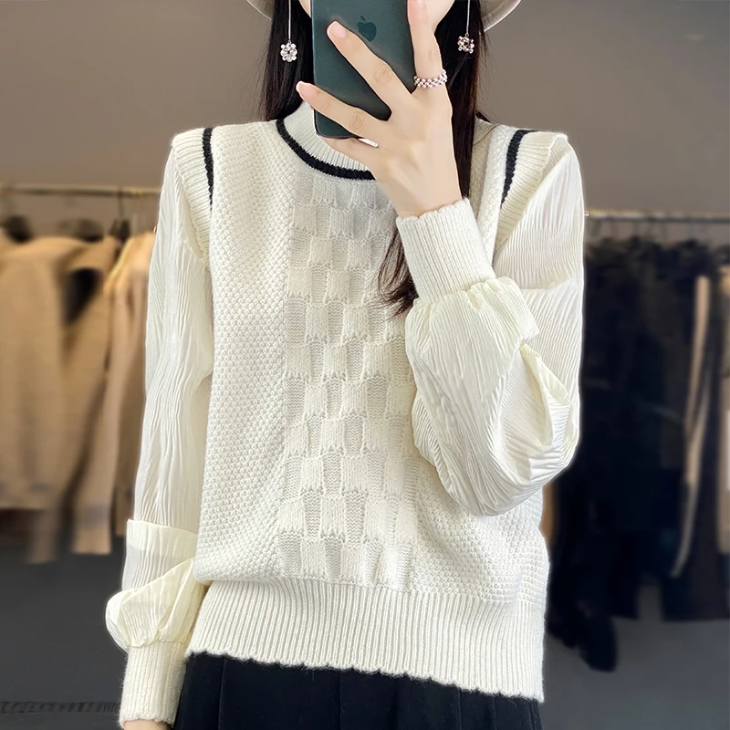

French Fake Two Piece Knitted Sweater Reduced Age Chifon Long Sleeve Sweater Women's Autumn/Winter Splice Short Underlay Top