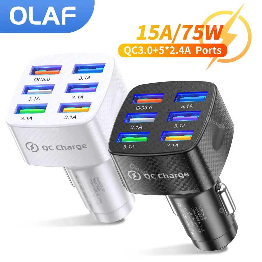 OLAF 75W 6 USB Car Charger Fast Charging 15A Phone Charger For iPhone 13 12 Pro Samsung Xiaomi Huawei Mobile Phone Charger