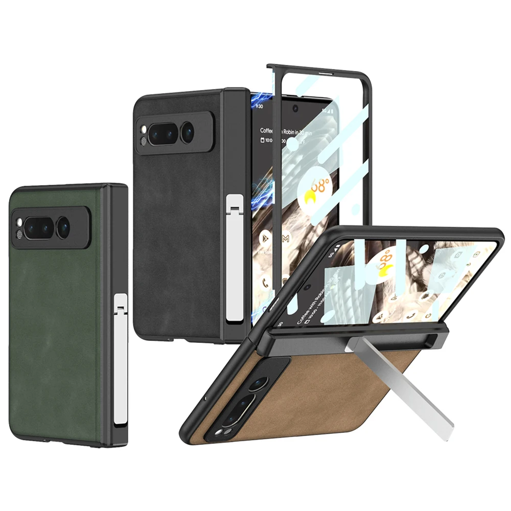 

Magnetic Hinge Protection Screen Protector Frosted Leather Shockproof Cover for Google Pixel Fold Case with Bracket