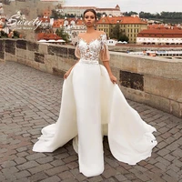 luxury detachable 2 in 1 wedding dress mermaid lace soft satin with train o neck half sleeve bride gowns button vestido de novia