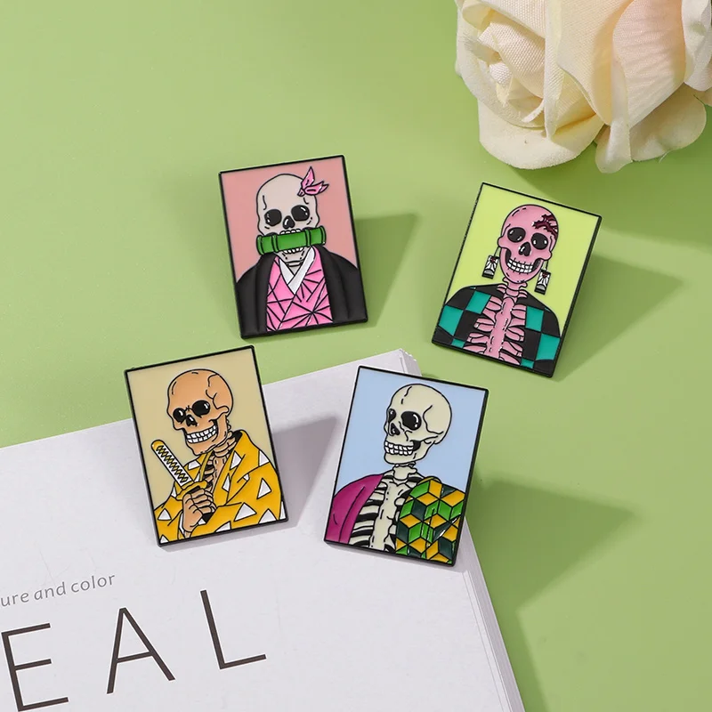 Синистер Скелет Воин Тема Шпильки Красочный Череп Эмалированные Броши Дешевые