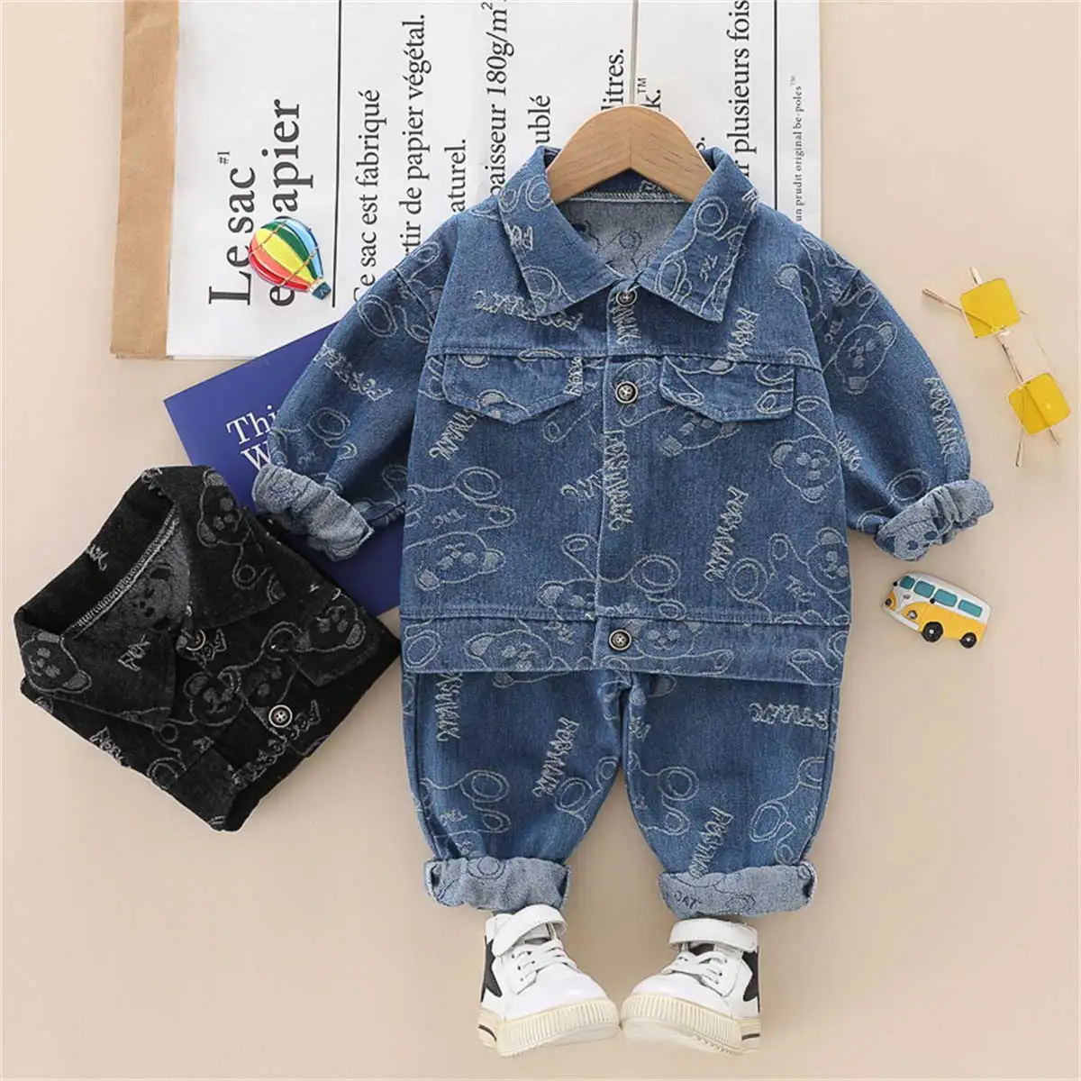 

hibobi 2PCS Boys Suit Toddler Bear Printed Denim Lapel Jacket & Trousers Spring Autumn Children Clothes Kids Daily Outfit